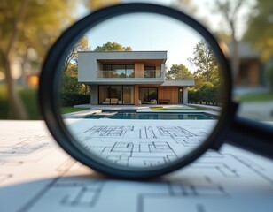 Magnifying glass on house plan focused on luxury modern home with pool backyard. Examination of blueprint, real estate, property, architecture, design, construction concept. Inspection detail.