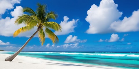 Tropical beach paradise with leaning palm tree, turquoise ocean waves, white sand, and blue sky with clouds, creating a peaceful and relaxing vacation destination background
