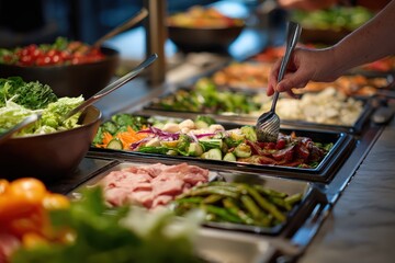 Obraz premium Person preparing fresh salad at a buffet.