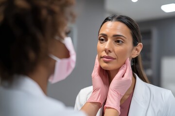 Female doctor examining a woman's jaw closely.