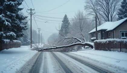 Snow-covered suburban street, heavy winter storm. Fallen tree blocks road, power lines down. House covered snow. Winter season. Weather disaster, infrastructure damage.