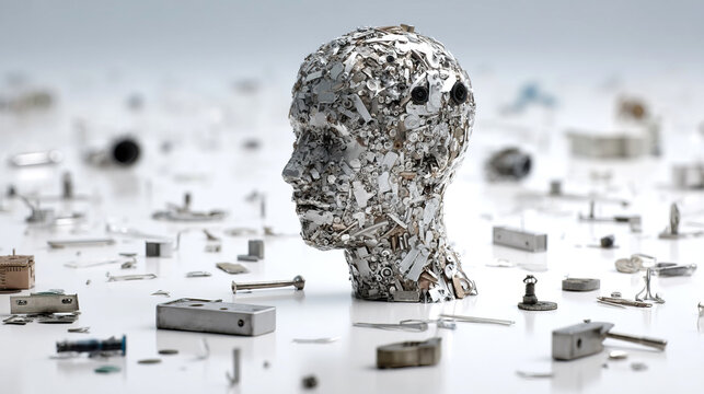 human head made of small objects various items scattered around it with surreal style