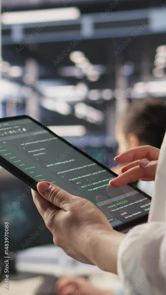 Poster vertical video close up of data center system administrator coding on tablet, doing software updates