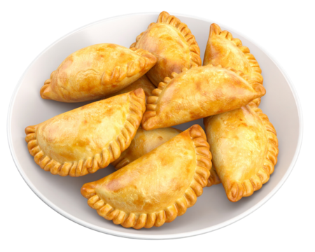 3D render of a plate full of fried empanadas isolated on a transparent background