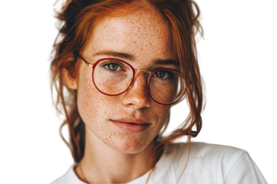 Young redhead woman with freckles wearing glasses isolated on transparent background