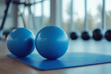 Two blue exercise balls resting on a blue yoga mat with blurred background in a fitness setting