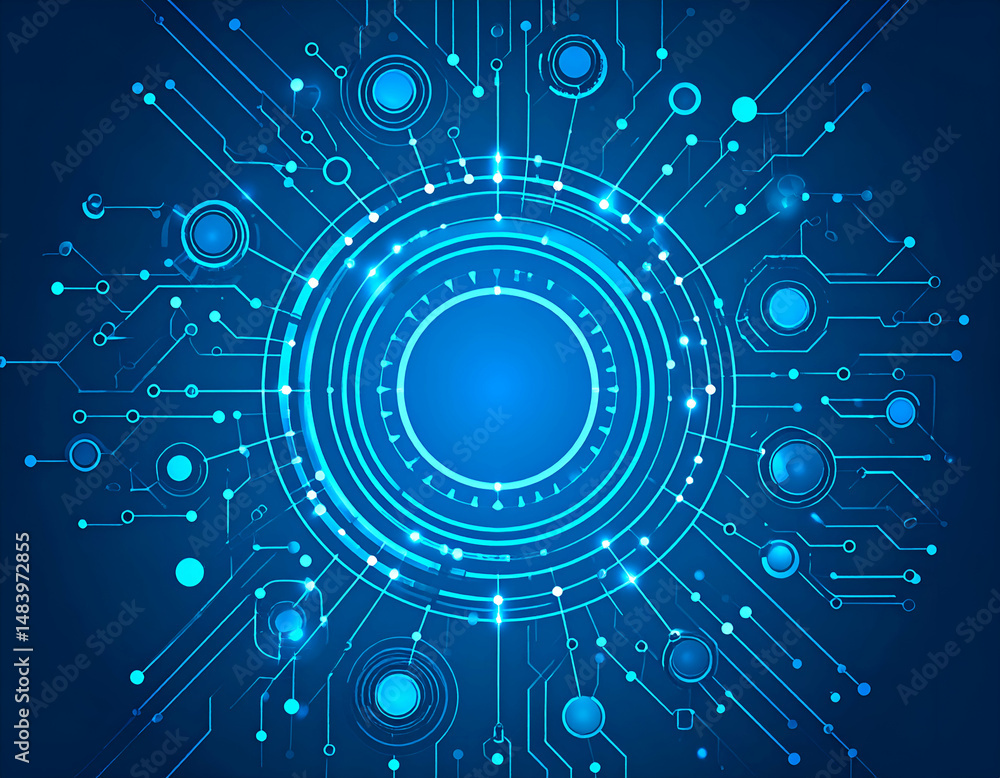 Aufkleber futuristic digital circuit board with glowing concentric circles and nodes