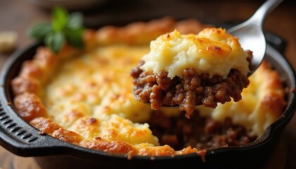 Shepherd pie in cast iron skillet with savory meat filling and creamy mashed potatoes topping. Traditional comfort food. Home cooking with meat dish served on spoon. Delicious food with browned crust.