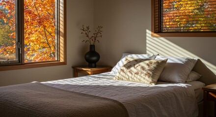 Autumn sunlight streams into a cozy bedroom with a bed and fall foliage outside