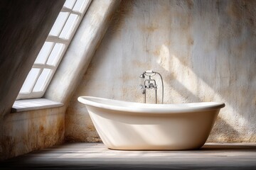 A vintage cream bathtub in a rustic attic bathroom with a large window