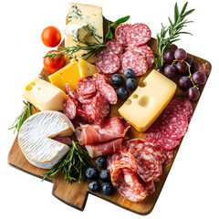 selection of cured meats and artisanal cheeses on wooden board
