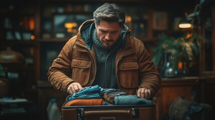 A man carefully packs a vintage suitcase
