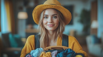 Woman preparing for travel, holding luggage