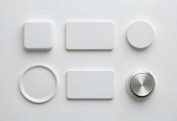 Minimalist Buttons And Labels, Mockup Templates On White. Design Elements For Presentation, Interface Ideas, Silver And White. Simple Layout For Creative Projects.
