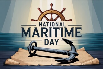 National Maritime Day. Vintage style graphic with an anchor and ship's wheel.