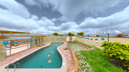 屋外スパ　3DCGレンダリング