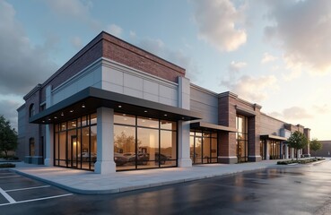 Modern commercial retail office building exterior with awning. Architecture storefront with glass windows. New building for sale or lease in urban city at sunset. Real estate property.