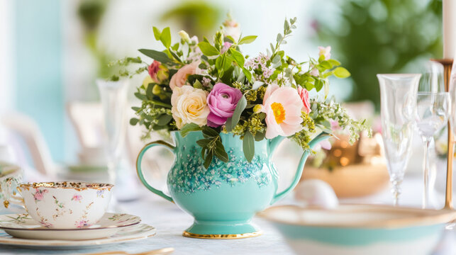 Charming spring tea party with colorful teapot and floral arrangement for elegant gatherings