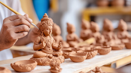 Artisanal clay lakshmi idol crafting for diwali festive decoration in workshop