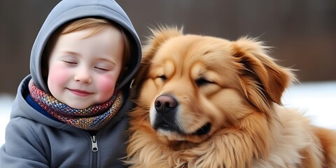 Adorable young boy hugging loyal dog in cold weather, illustrating warmth, innocence, and emotional bonding, perfect for pet, family, or winter-themed visuals

