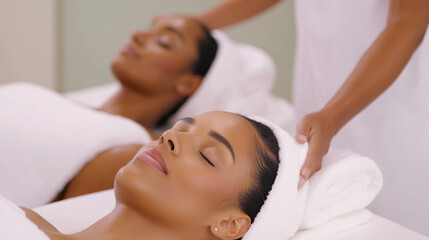 Relaxing massage therapy session for best friends in a spa setting