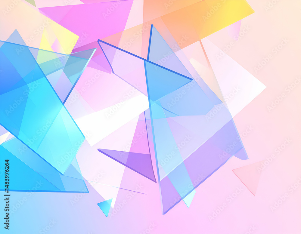Poster abstract pastel-colored geometric shapes overlap, creating a dynamic and vibrant composition