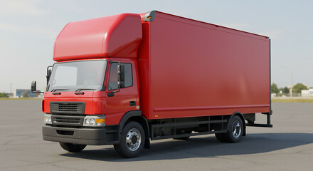 A red delivery truck parked on a gray surface with a blurred background on a sunny day outside