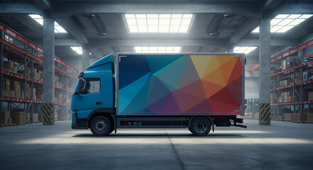 A blue delivery truck with colorful geometric design in a warehouse setting with storage racks and boxes