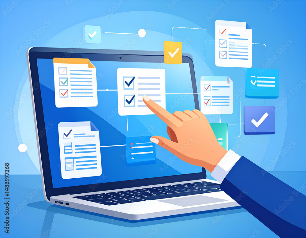 Poster efficient task management system visualized on laptop screen