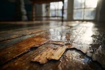 Water damage on a weathered wooden floor. Close-up shot of the old surface.