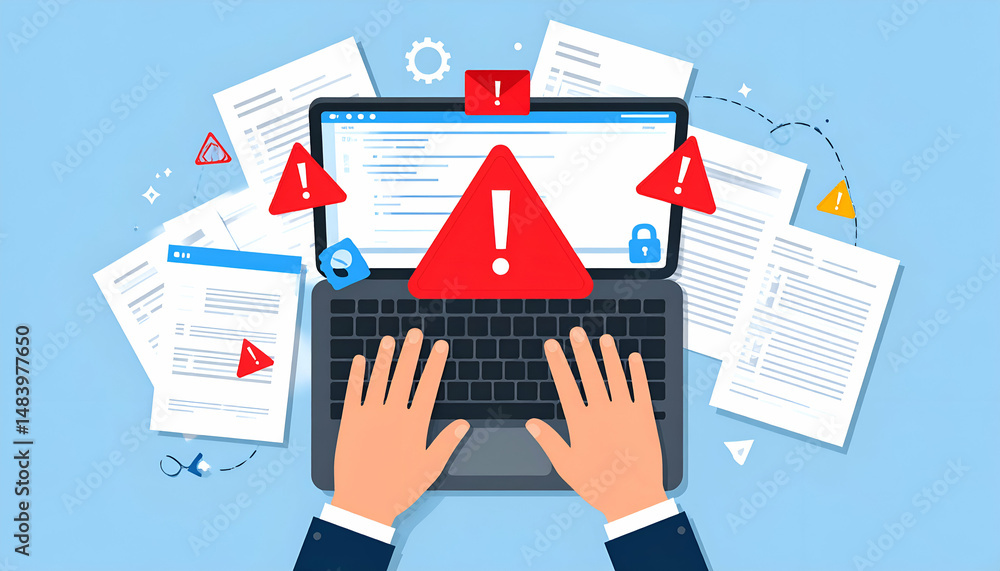 Poster urgent system errors disrupt workflow on laptop, causing document chaos