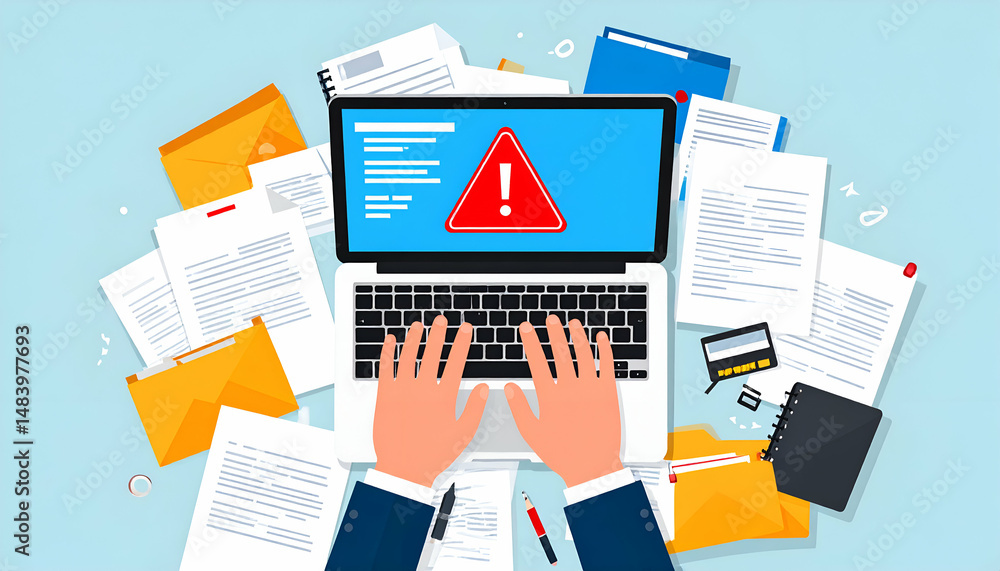Poster laptop displaying an error message amidst scattered paperwork