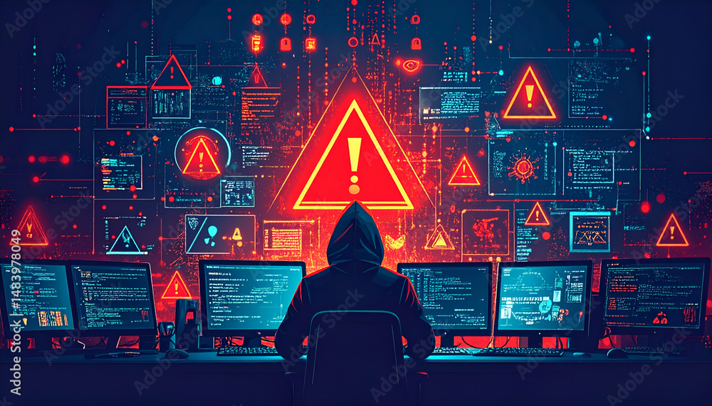 Poster hacker breaching security systems, multiple screens displaying alerts and code