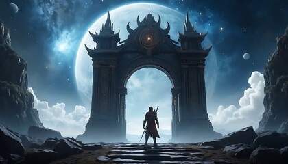 A lone warrior stands before an ornate gateway under a gigantic full moon, contemplating destiny.