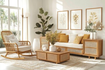 A light and airy living room furnished with rattan furniture.