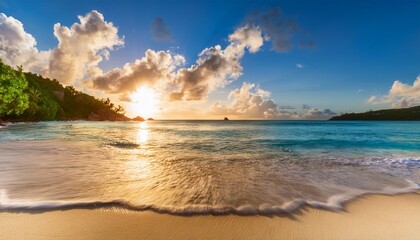 sunset at tropical beach anse lazio on praslin on the seychelles