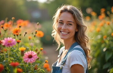 Portrait of smiling woman gardener in rich garden setting. Wears denim overall, white t-shirt surrounded by colorful flowers. Happy female gardener, land designer at work, garden care, nature, eco