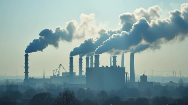 Smoking pipes of factory. Industrial chimneys with heavy smoke causing air pollution problem Vertical