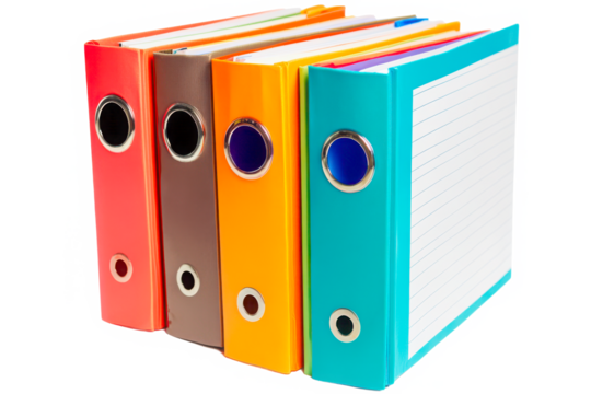 Colorful ring binders lined up on transparent background - Powered by Adobe