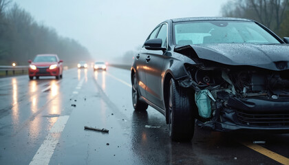 Car accident scene shows wrecked black vehicle on wet highway. Damage to front of car highlights serious road incident. Traffic in background. Tragedy on rain road. Emergency situation.