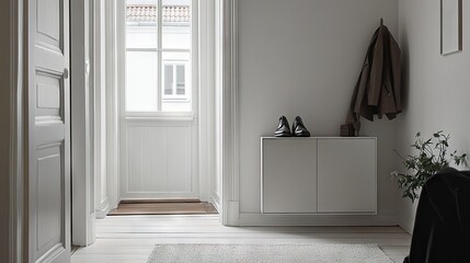 Discreet cabinet in hallway alcove with upward-tilted shoe display