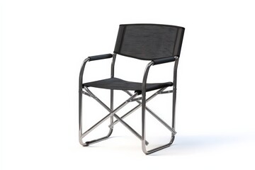 Sleek black fabric and silver frame folding chair, perfect for indoor or outdoor use. Easy to store and transport.