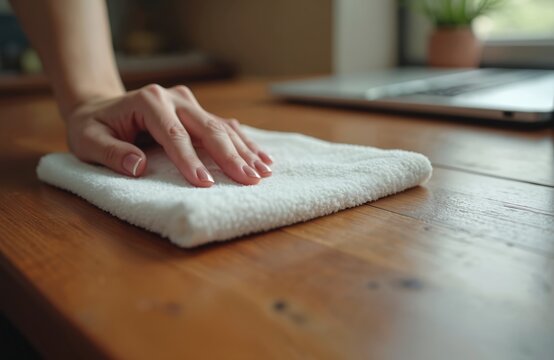 Woman cleaning home office wooden table surface with white towel. Female hand wiping dust. Housework, cleaning, housekeeping, hygiene concept. Antibacterial sanitizing. Home office workplace, remote