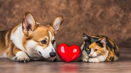 Obraz premium Adorable Corgi Dog and Calico Cat with Red Heart