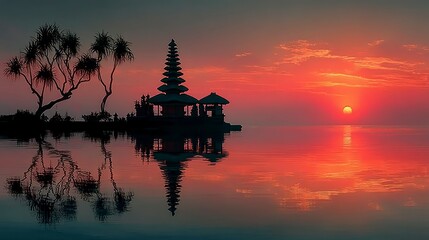 Sunset Reflections on Tranquil Waters with Traditional Architecture