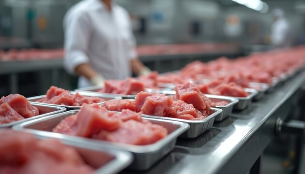 Fresh meat trays transported conveyor belt food processing facility. Men working assembly line preparing meat product. Food industry technology for distribution, preparation, butchering, storage,