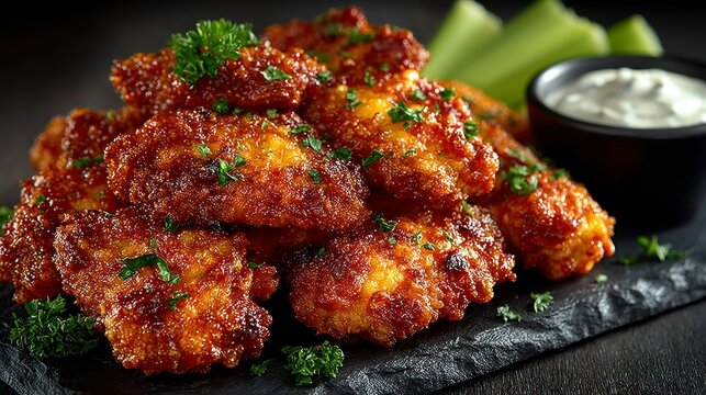 Crispy Fried Chicken Wings with Spicy Sauce Garnished with Fresh Herbs and Served with Celery