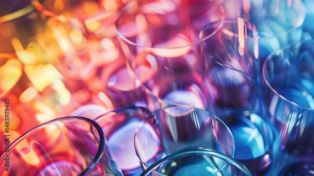 Poster abstract close up of transparent glasses with colorful blurred bokeh background