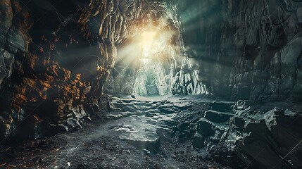 Abstract Cave Interior Illuminated By Bright Light Through Structure Opening