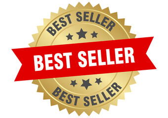 best seller. best seller round red and gold label isolated on transparent background